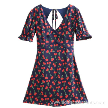 V-neck Bubble Sleeve Cherry Printed Backless dress